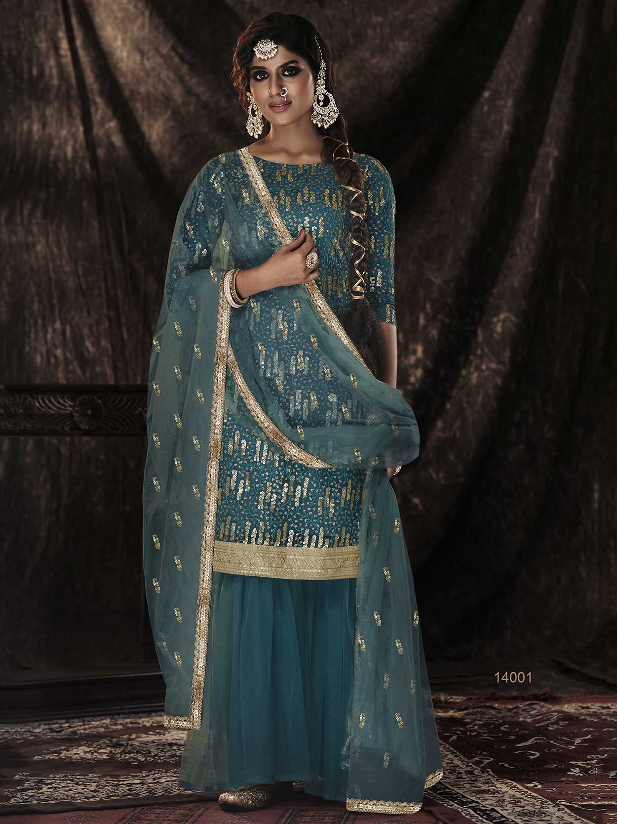 Teal Blue Colour Net Fabric Designer Sharara Salwar Suit.