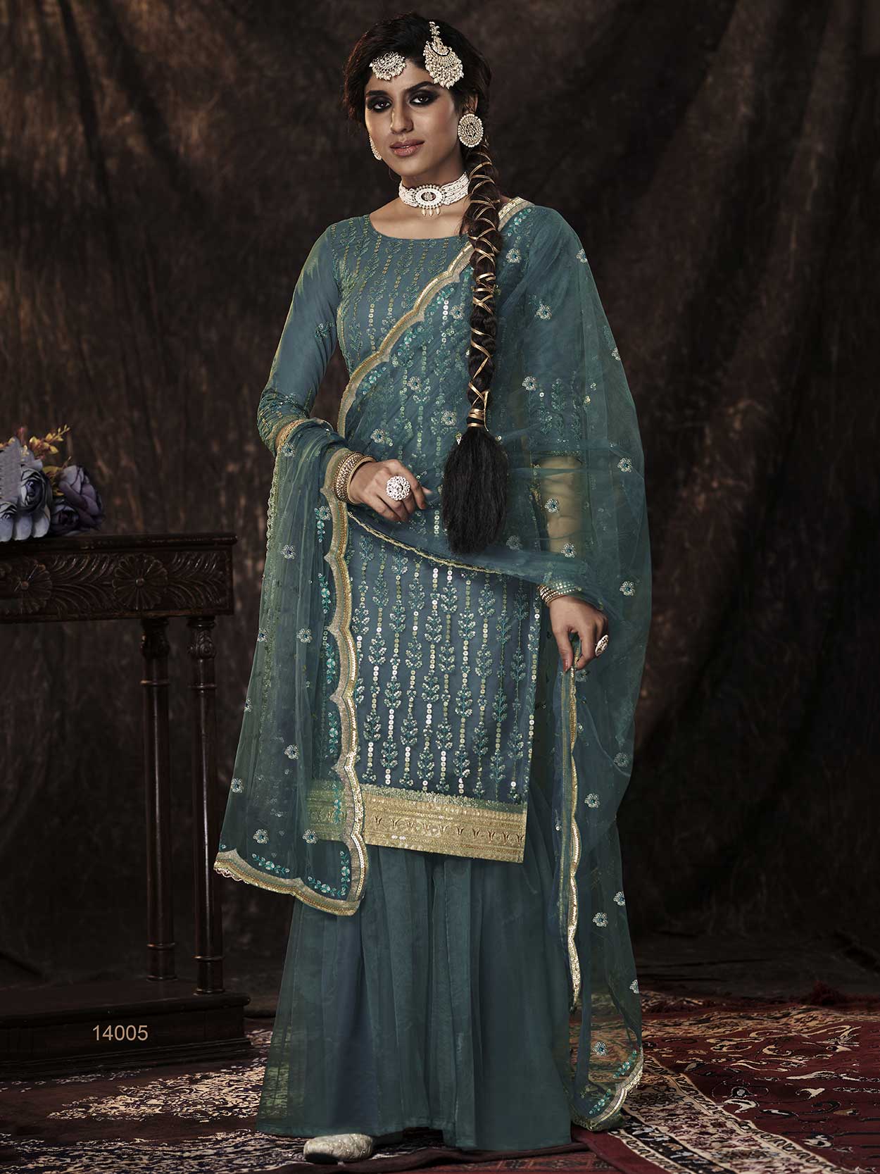 Firozi Blue Colour Net Fabric Sharara Salwar Suit.