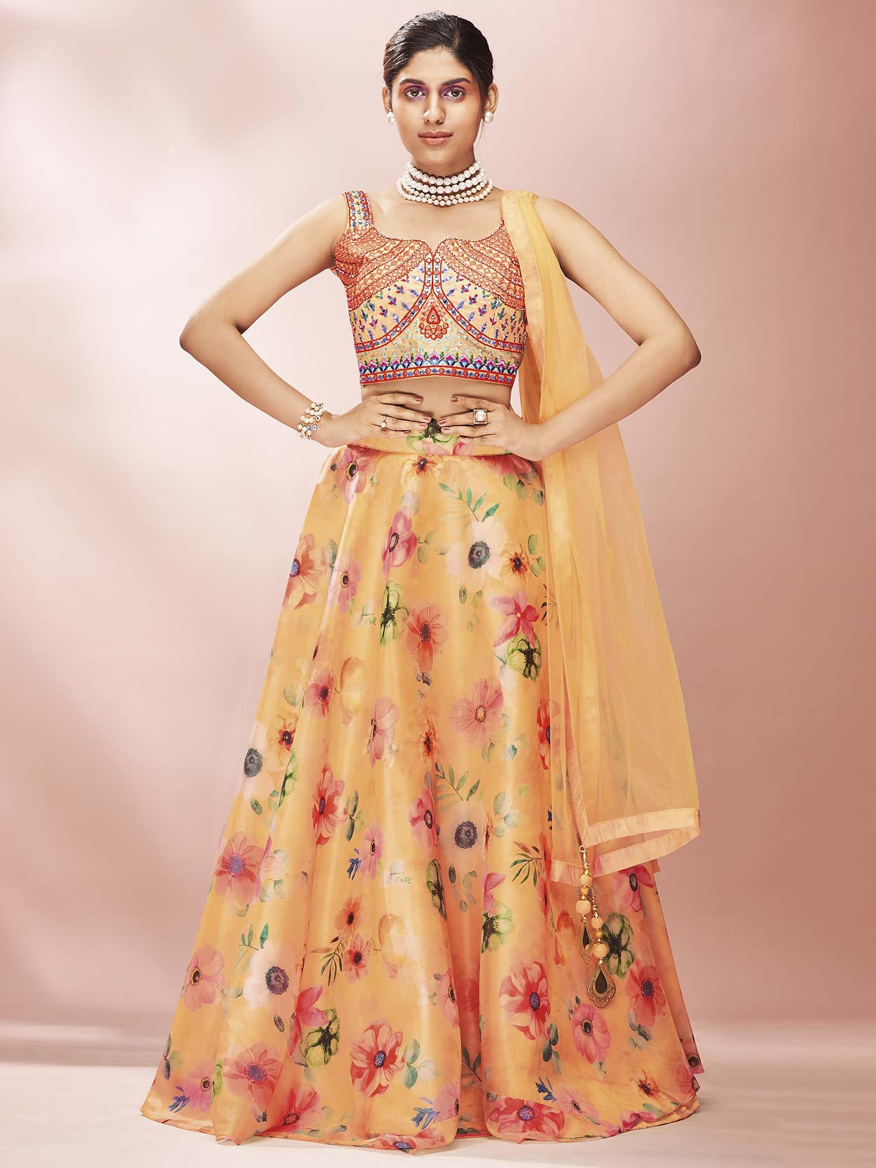Mustard Yellow Colour Lehenga Choli in Organza Fabric.