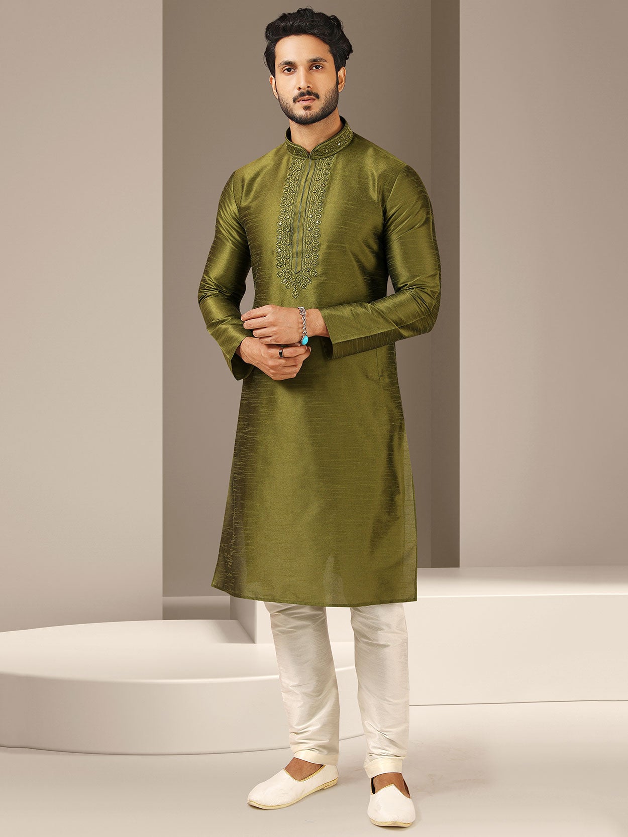 Mehendi Green Colour Banarasi Silk Fabric Designer Kurta Pajama.