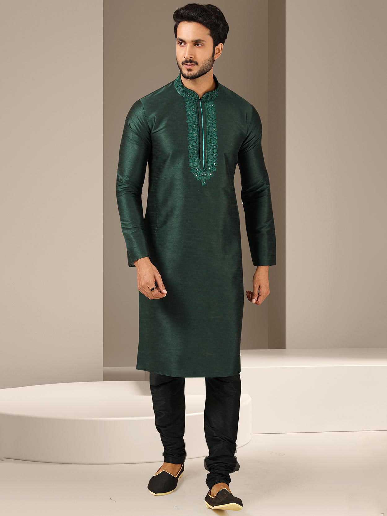 Green Colour Kurta Pajama in Banarasi Silk Fabric.