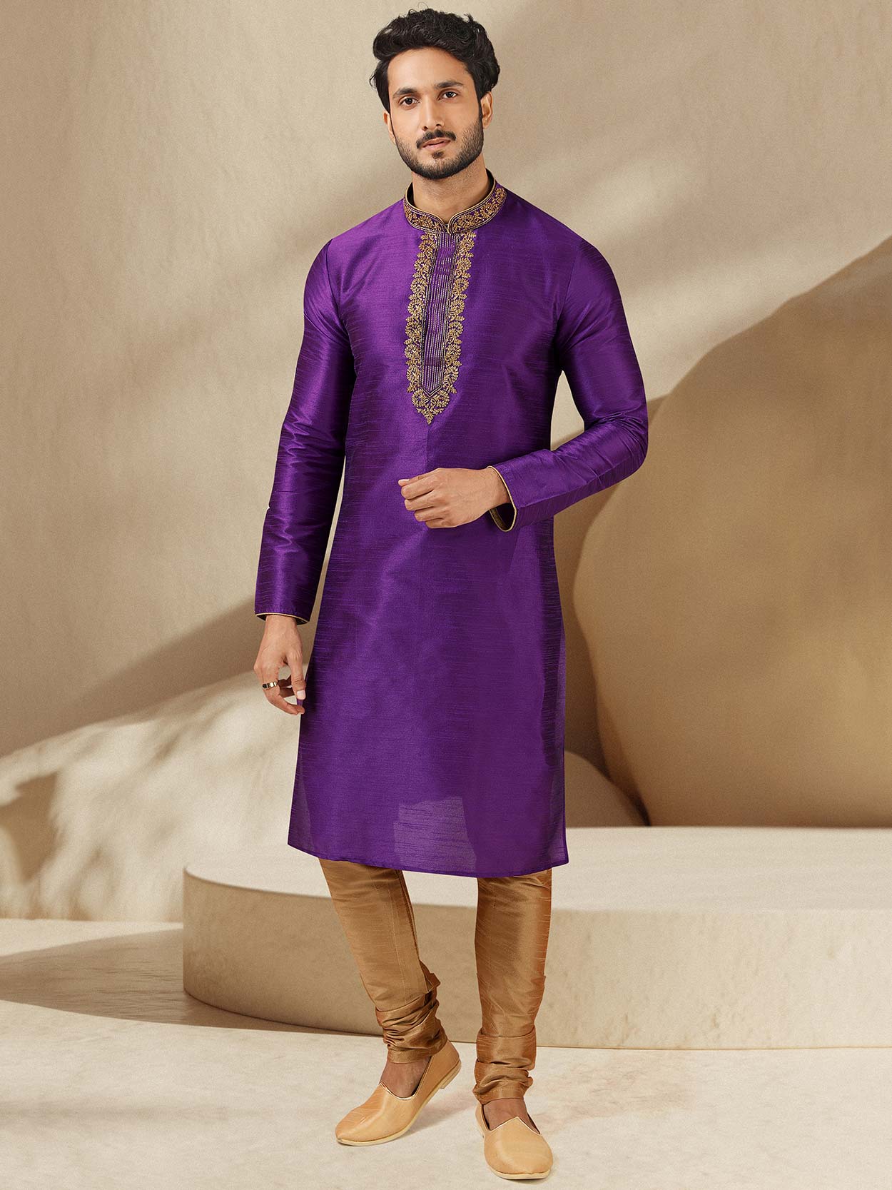 Purple Colour Banarasi Silk Fabric Mens Kurta Pajama.