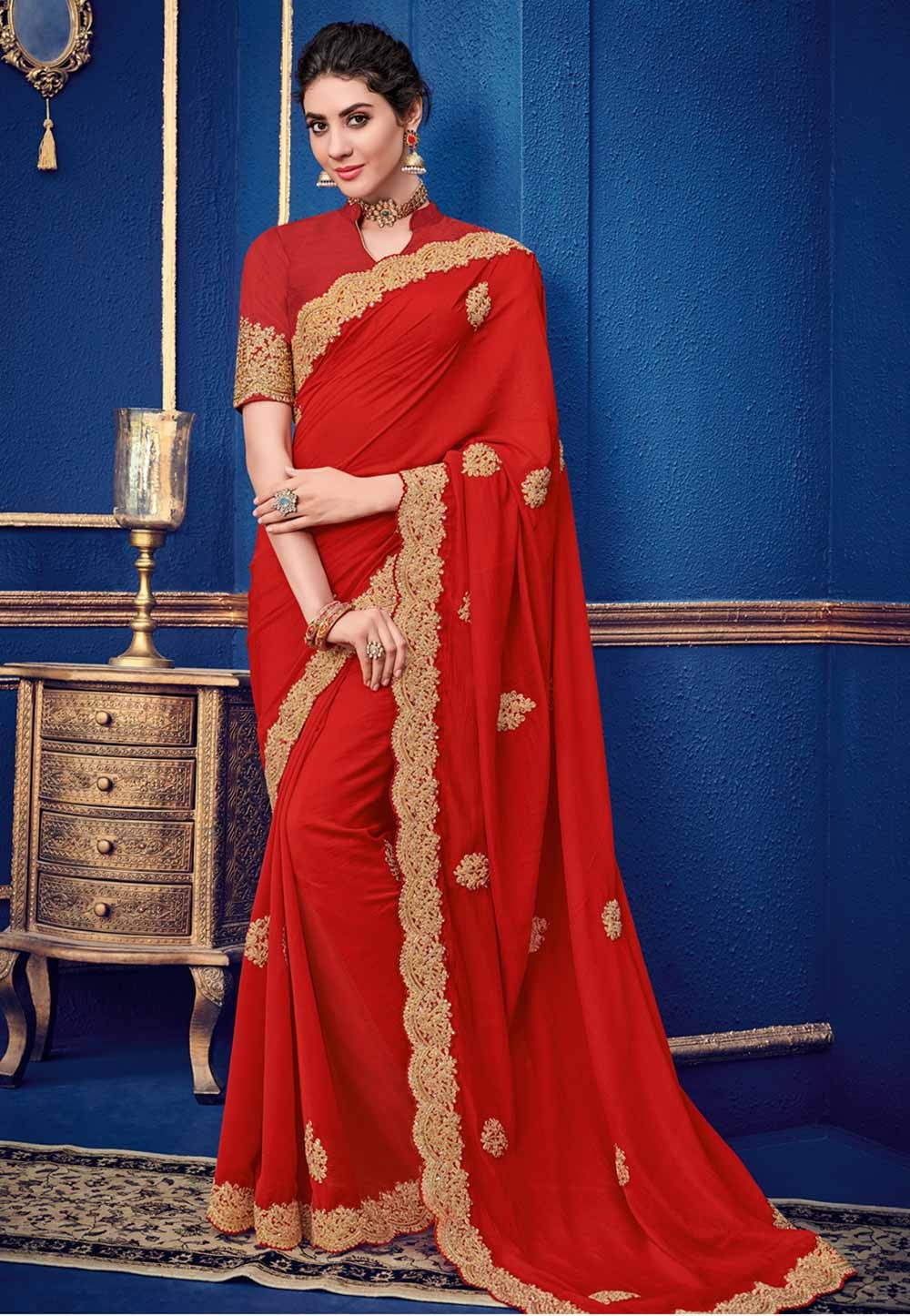 party wear saree red colour