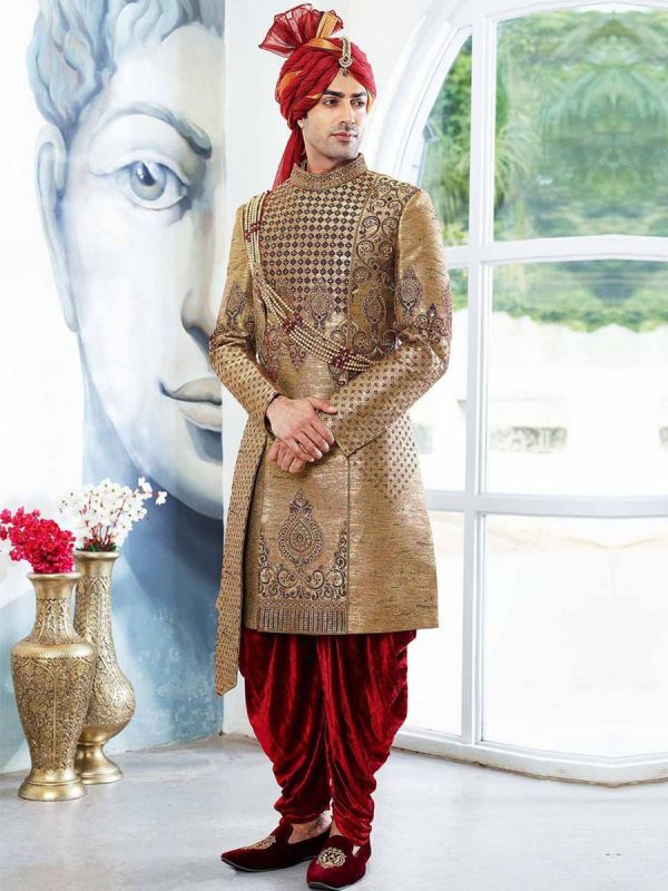 Buy designer Brocade sherwani in Golden Colour for men