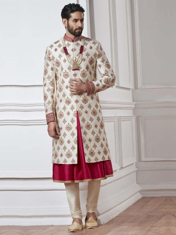 White,Cream Color Silk Sherwani.