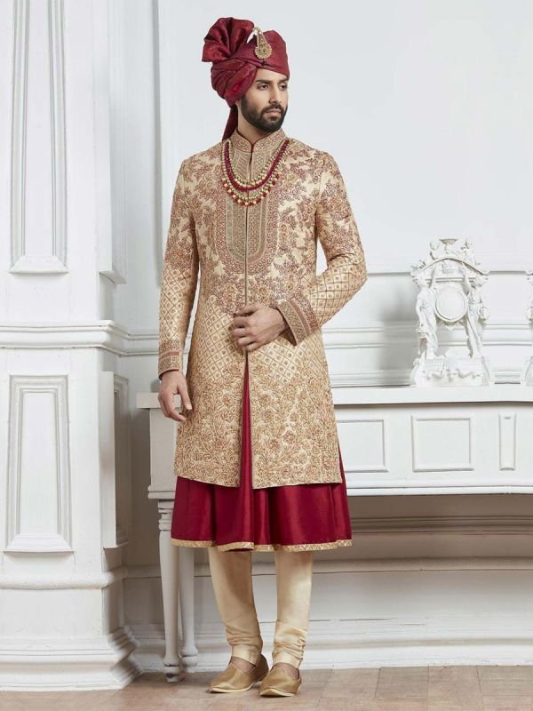 Buy Golden,Maroon Color Indian Wedding Sherwani for men