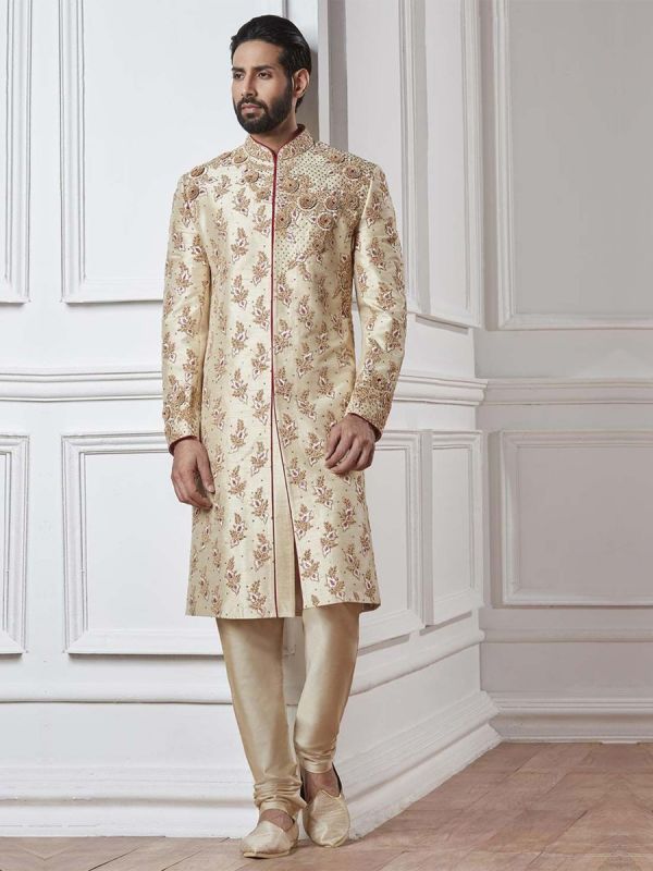 Cream Color Silk Sherwani.