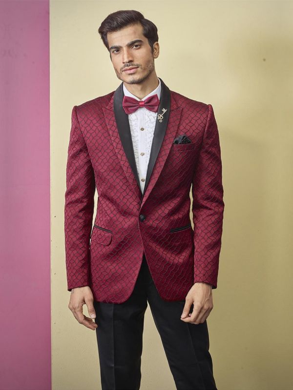 Textured Designer Tuxedo Suit Maroon Colour.