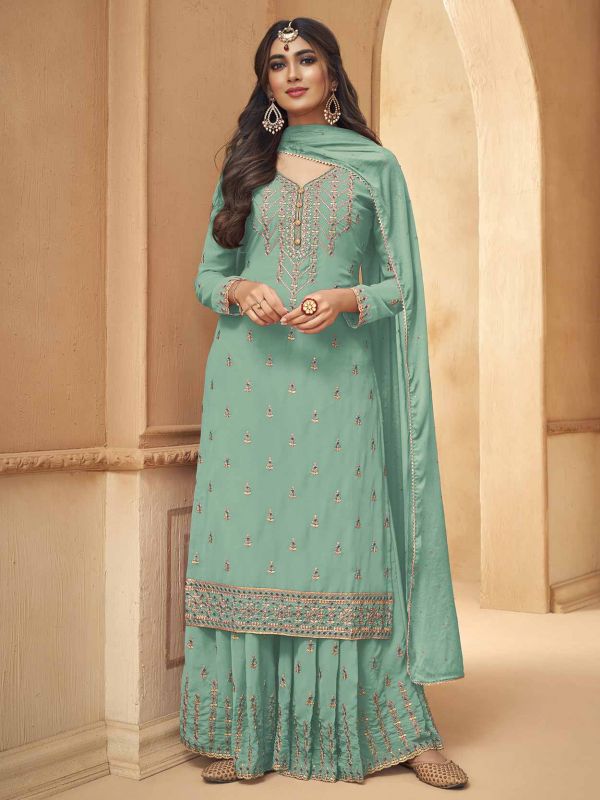 Green Colour Sharara Salwar Suit in Georgette Fabric.