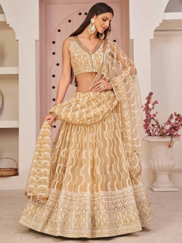 Golden,Beige Colour Net Fabric Designer Lehenga Choli.