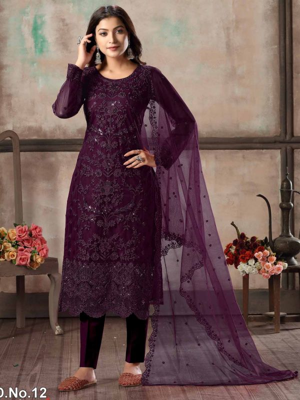 Wine Net Embroidered Indian salwar kameez online USA