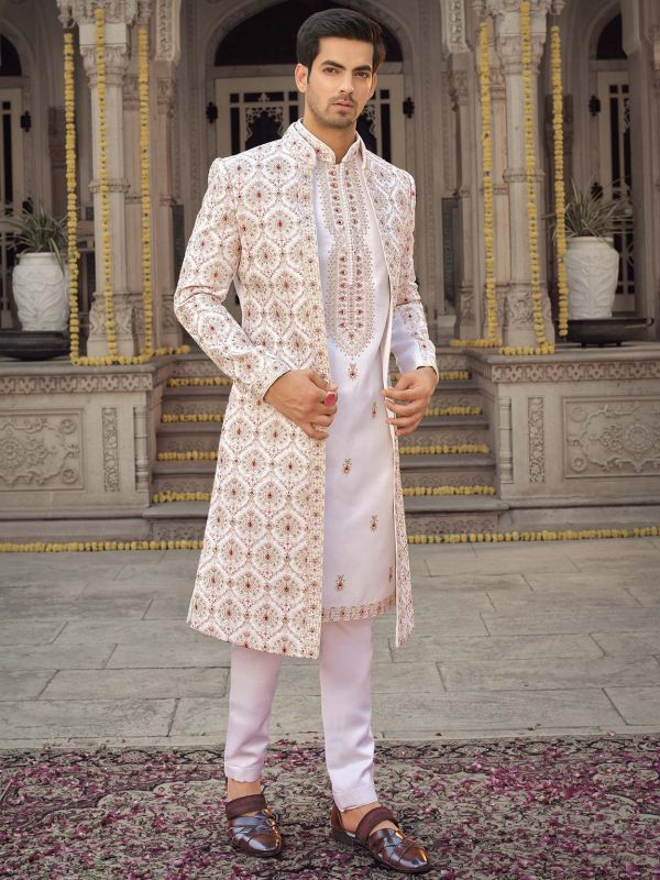 Pretty White Fancy Fabric Wedding Wear Designer Readymade Peshwai Style  Kurta For Men