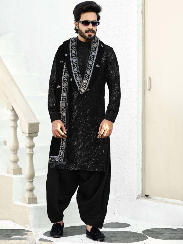 Black Party Wear Embroidered Pathani Suit