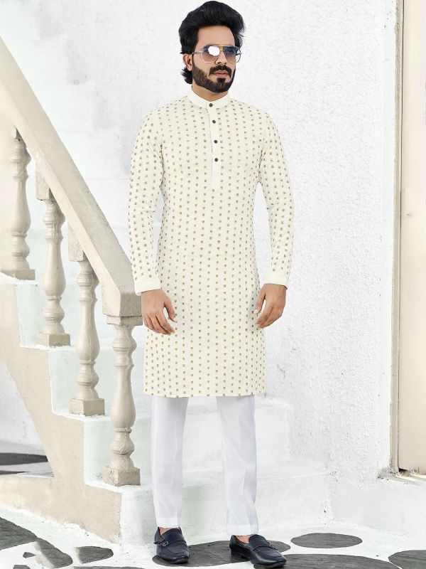 White Fetsive Printed Kurta Pyjama For Men