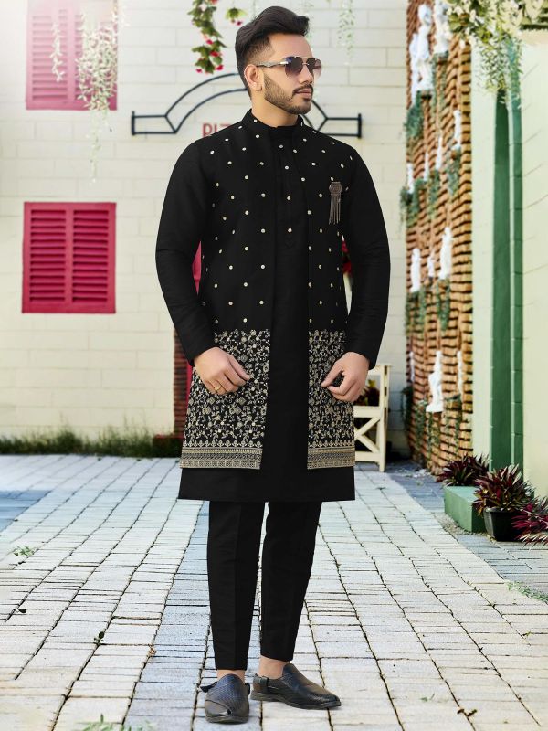 Traditional wear Indian Punjabi Men wear Straight Stylish Silk Kurta Pajama  Set Jacquard Printed Jacket Coti 1752 (XXS, Black) at Amazon Men's Clothing  store