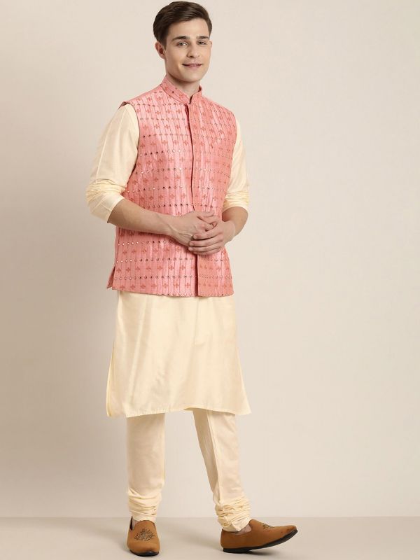 Cream Festive Kurta Pajama With Nehru Jacket