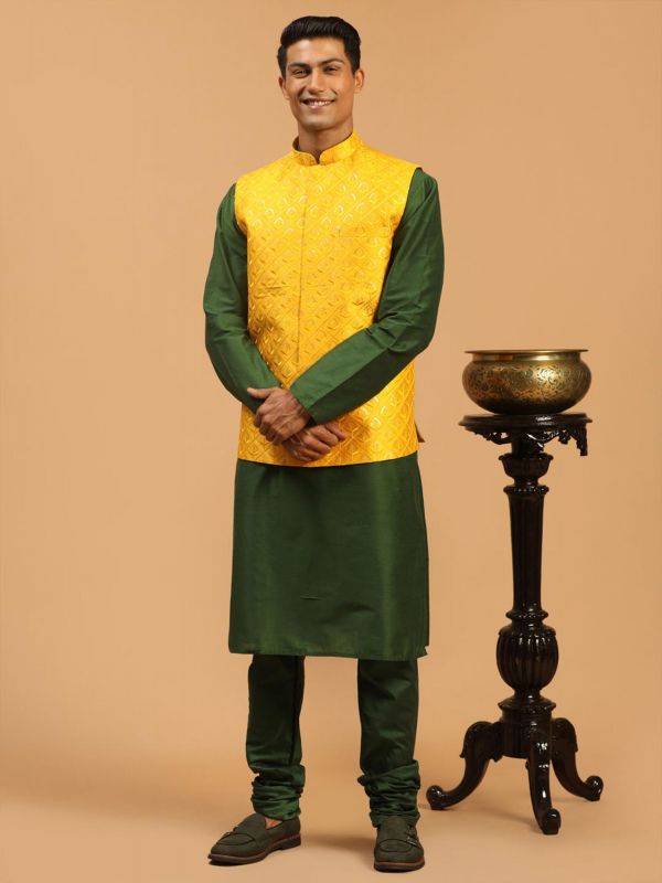 Green Festive Kurta Pajama With Yellow Jacket