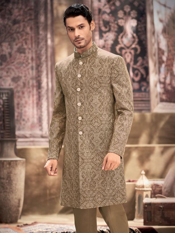 Green Thread Embroidered Silk Indo Western For Men