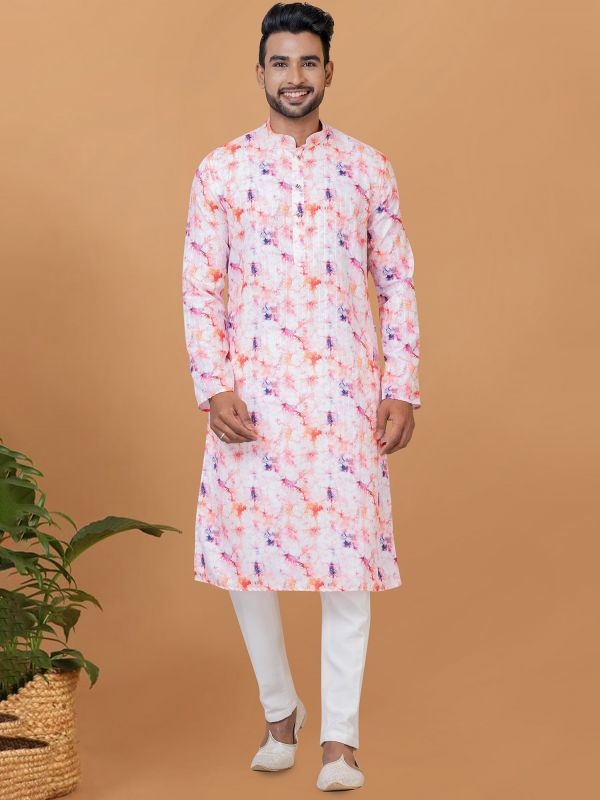 White Tie Dye Printed Kurta Pyjama In Cotton