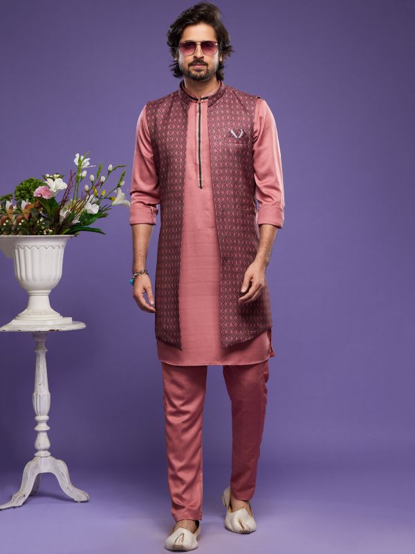 Pink Art Silk Festive Kurta Pajama With Jacket