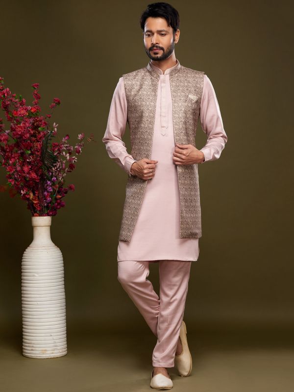 Pink Festive Kurta Pyjama In Banarasi Silk