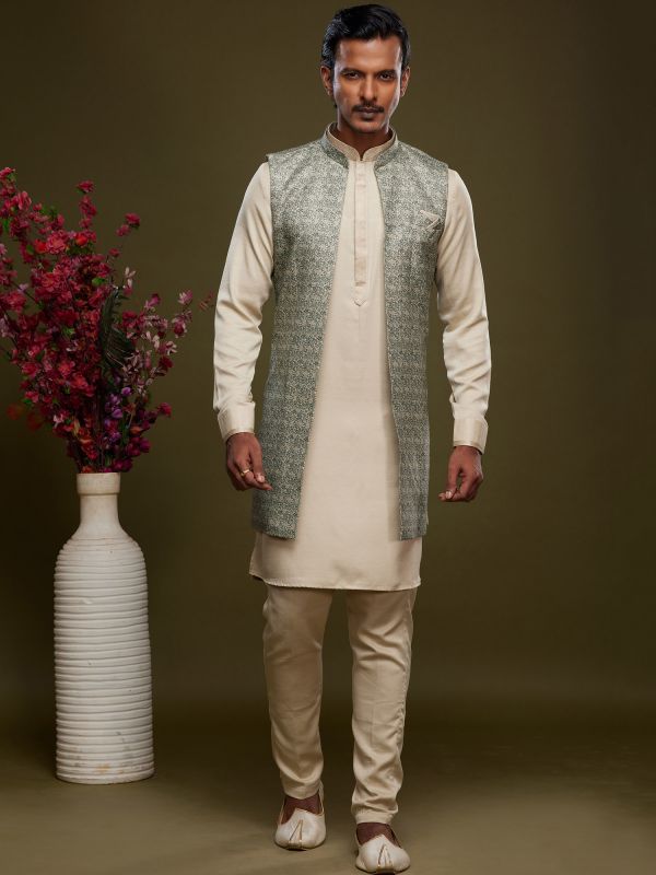 Cream Festive Kurta Pyjama With Printed Jacket