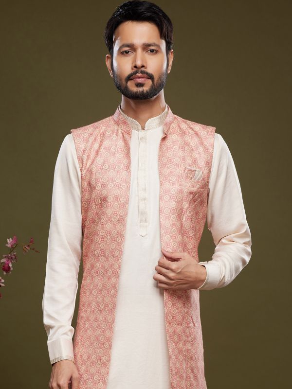 Captivating Silk Fabric Function Wear Stylish Cream Kurta Pyjama With Peach  Color Jacket