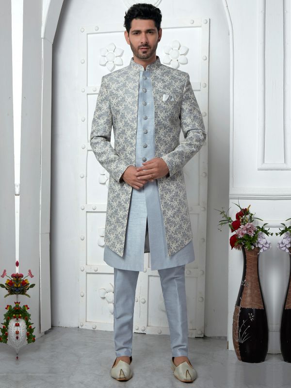Light Grey Floral Woven Layered Style Mens Indowestern