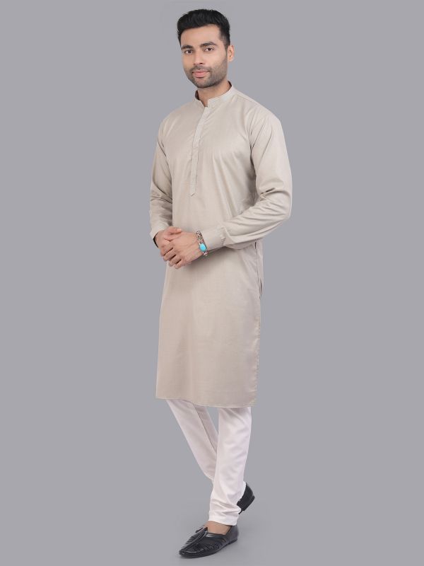 Khaki Beige Mens Plain Kurta Pyjama In Art Silk