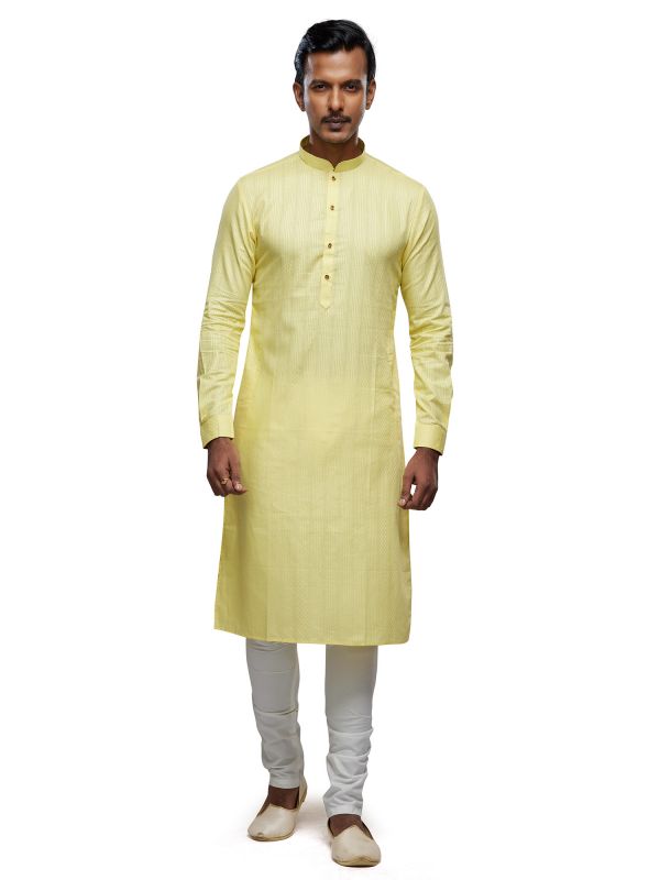 Lemon Yellow Festive Wear Kurta Pyjama In Silk