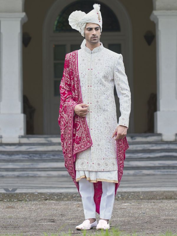 White Stone Augmented Mens Sherwani With Embroidered Stole