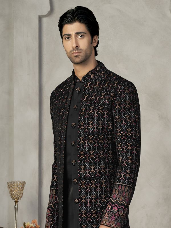 Black Mens Indowestern In Thread Embroidered