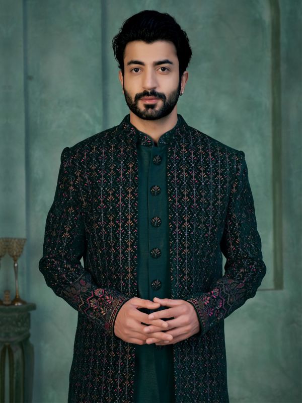 Deep Green Jacketed Mens Achkan Styled Indowestern 