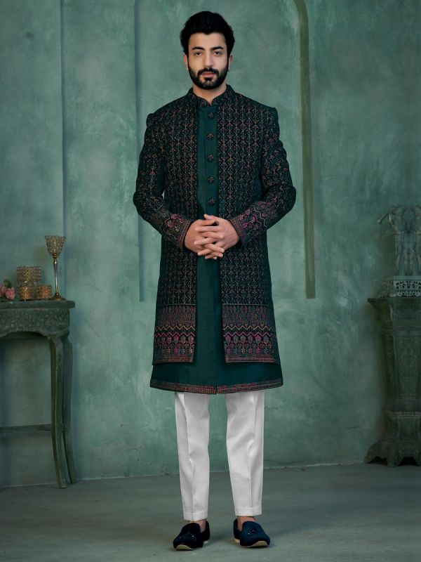 Deep Green Jacketed Mens Achkan Styled Indowestern 