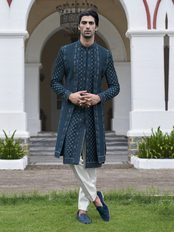 Navy Blue Achkan Styled Mens Embroidered Indowestern