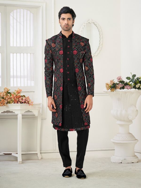 Black Mens Silk Embroidered Indowestern In Jackted Style