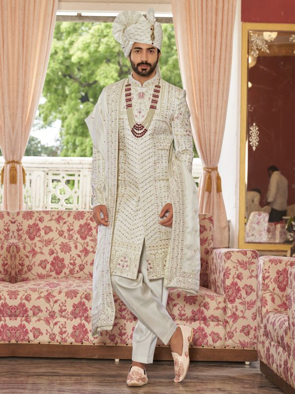 Off White Men's Sherwani With Stone Embellishment