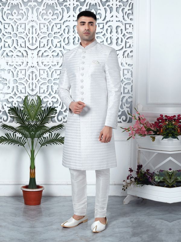 White Mens Self Embroidered Indowestern Set In Silk