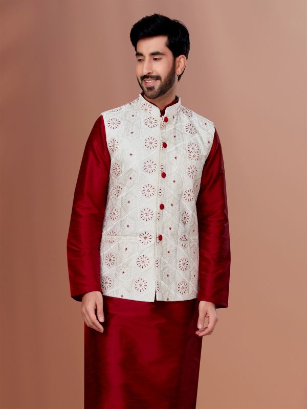 White Embroidered Cotton Silk Mens Nehru Jacket