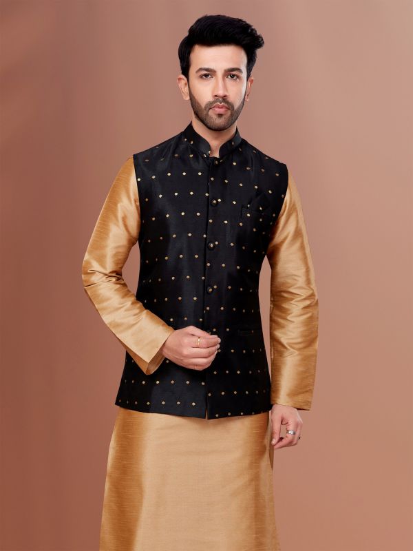 Black Dotted Printed Mens Nehru Jacket In Silk