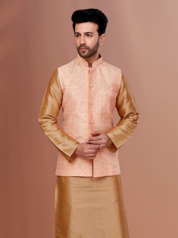 Light Peach Mens Wear Nehru Jacket In Silk