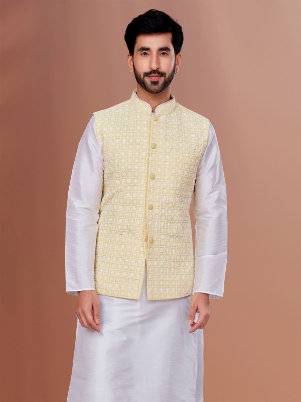 Cream Nehru Jacket In Thread Embroidered For Mens