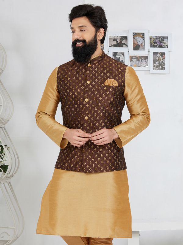 Brown Traditional Woven Pattern Mens Nehru Jacket