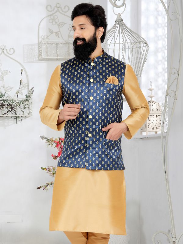 Royal Blue Traditional Woven Nehru Jacket For Mens