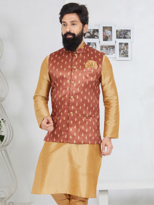 Rust Red Woven Silk Nehru Jacket For Mens