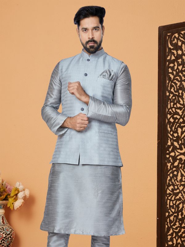 Silver Grey Mens Wear Nehru Jacket In Silk