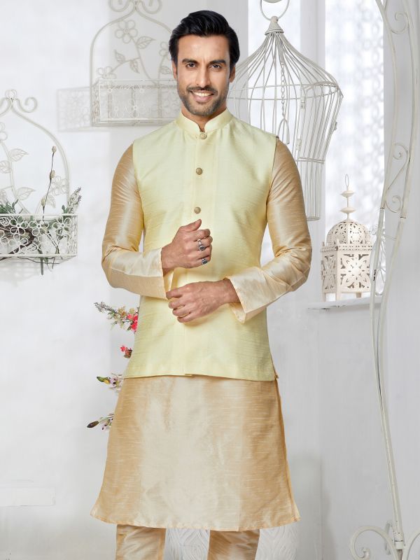 Light Cream Plain Nehru Jacket For Mens In Silk