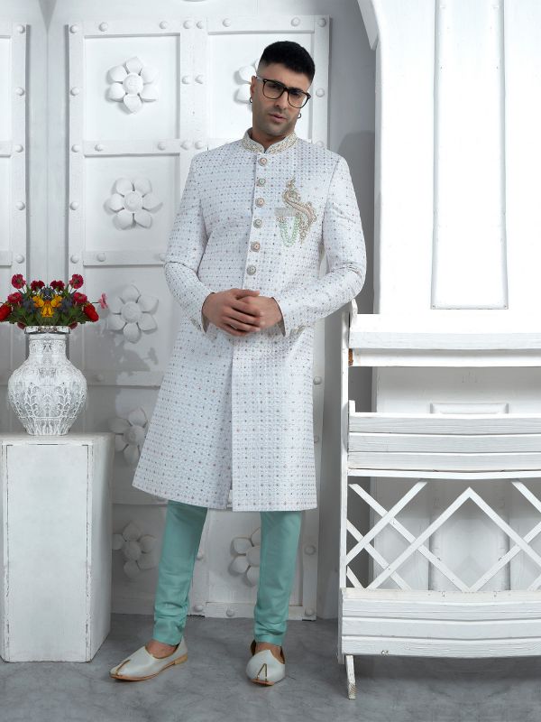 Shell White Mens Wedding Wear Indowestern Sherwani In Sequin Embroidery