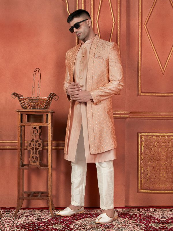 Light Peach Folded Lapel Embroidered Indowestern Sherwani