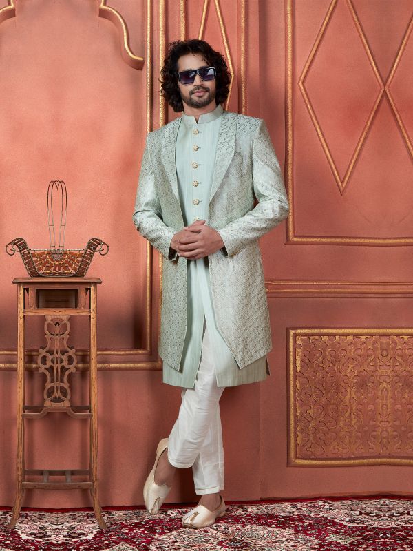 Sage Green Folded Lapel Design Indowestern For Mens In Embroidery